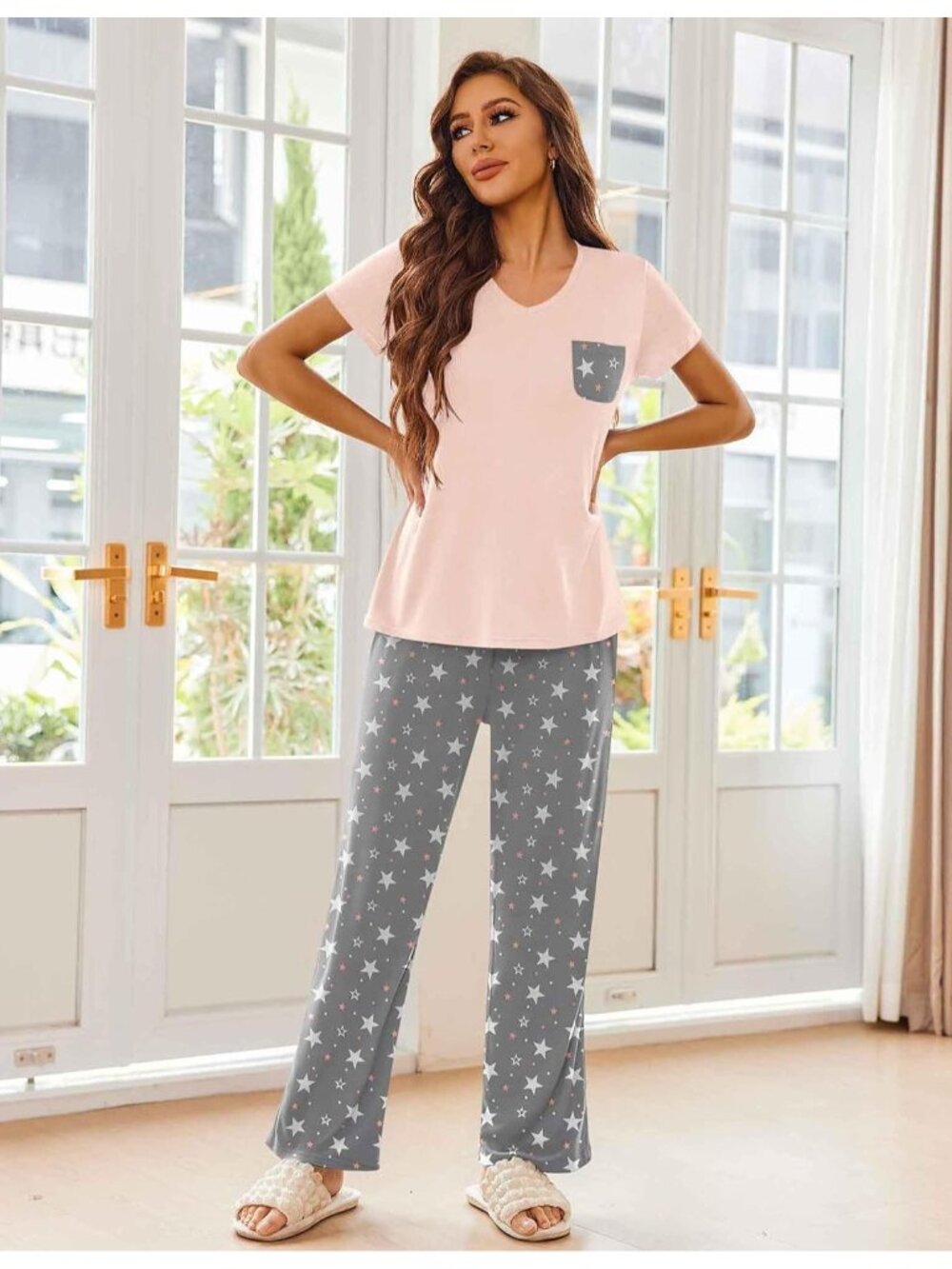 Women Pink-Grey Star V Neck Short Sleeve Shirt Sleepwear 2 Piece Pajama Sets - Picture 3 of 6